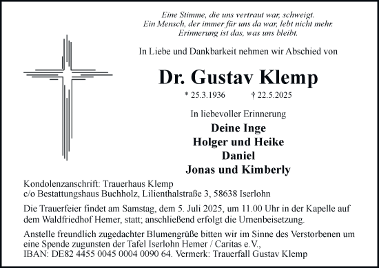 Traueranzeige von Gustav Klemp von Tageszeitung