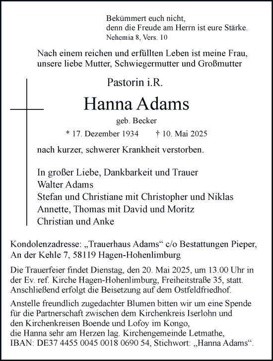 Traueranzeige von Hanna Adams von Tageszeitung