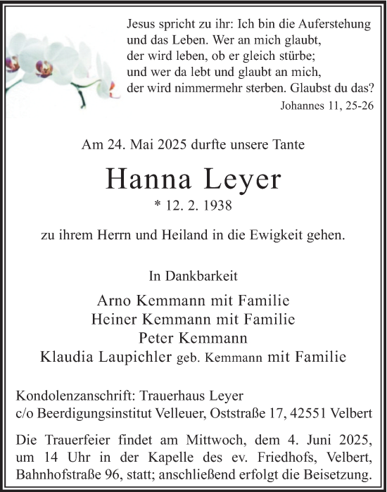 Traueranzeige von Hanna Leyer von Tageszeitung