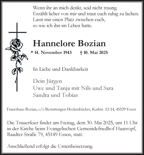 Traueranzeige von Hannelore Bozian von Tageszeitung