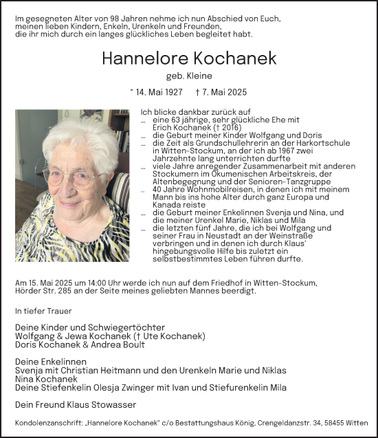 Traueranzeige von Hannelore Kochanek von Tageszeitung