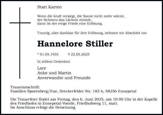 Traueranzeige von Hannelore Stiller von Tageszeitung
