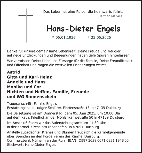 Traueranzeige von Hans-Dieter Engels von Tageszeitung