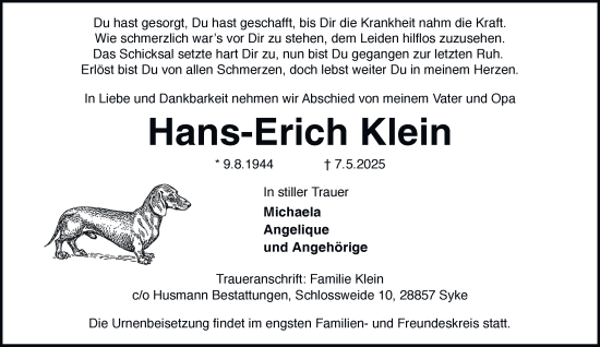 Traueranzeige von Hans-Erich Klein von Tageszeitung