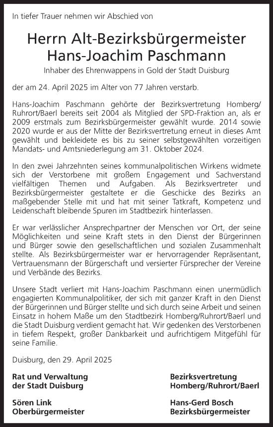 Traueranzeige von Hans-Joachim Paschmann von Tageszeitung