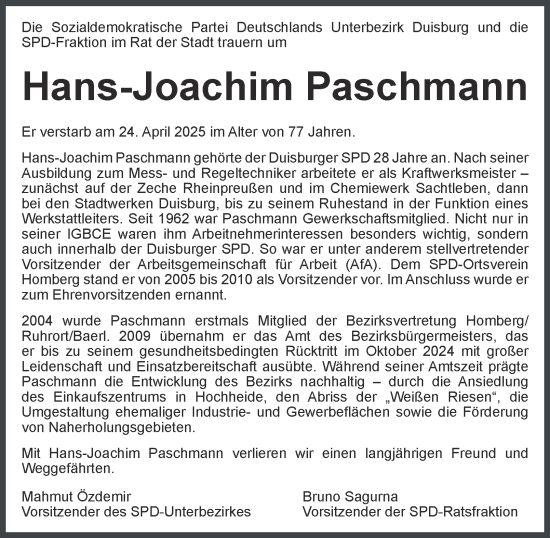 Traueranzeige von Hans-Joachim Paschmann von Tageszeitung