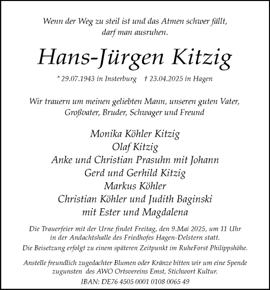 Traueranzeige von Hans-Jürgen Kitzig von Tageszeitung