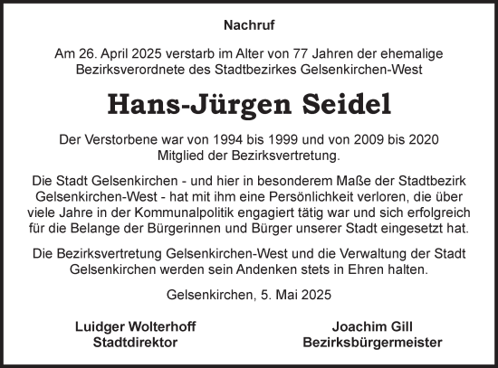 Traueranzeige von Hans-Jürgen Seidel von Tageszeitung