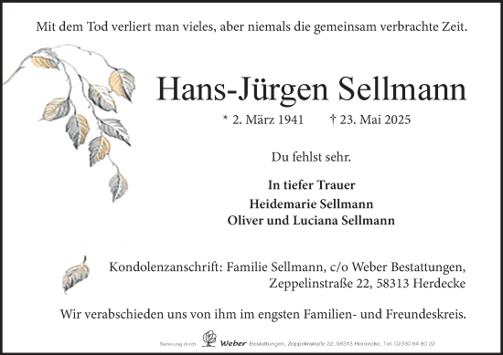 Traueranzeige von Hans-Jürgen Sellmann von Tageszeitung