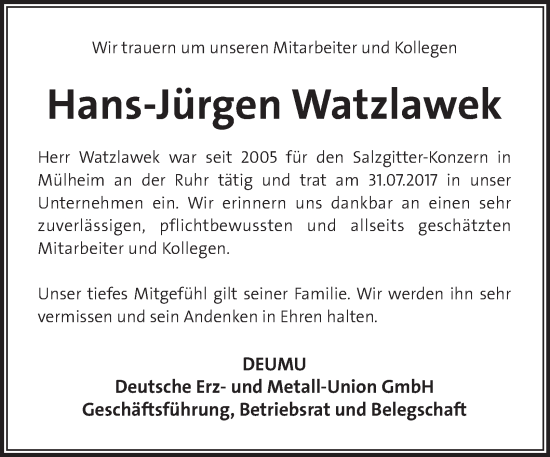 Traueranzeige von Hans-Jürgen Watzlawek von Tageszeitung