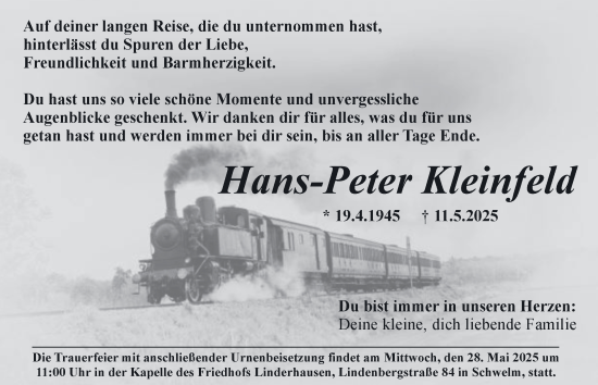 Traueranzeige von Hans-Peter Kleinfeld von Tageszeitung