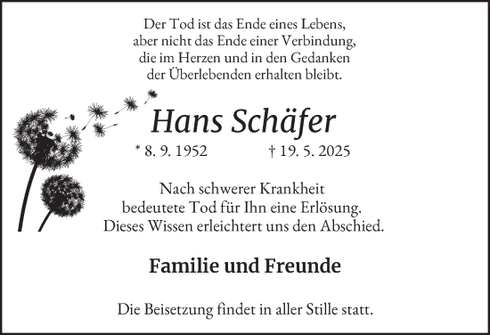 Traueranzeige von Hans Schäfer von Tageszeitung