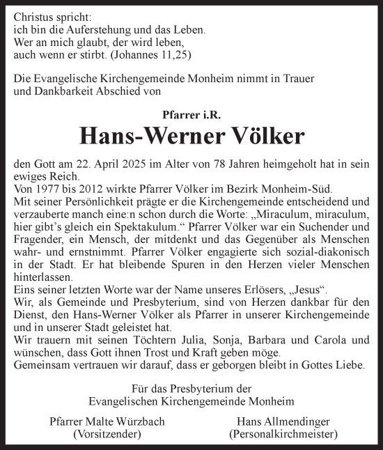 Traueranzeige von Hans-Werner Völker von Tageszeitung
