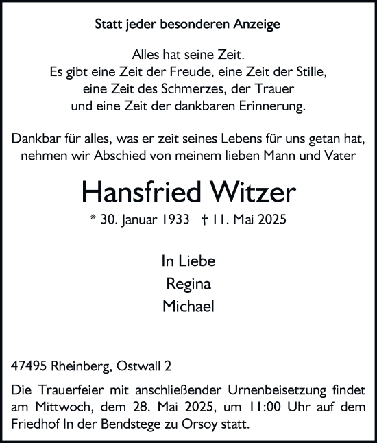 Traueranzeige von Hansfried Witzer von Tageszeitung