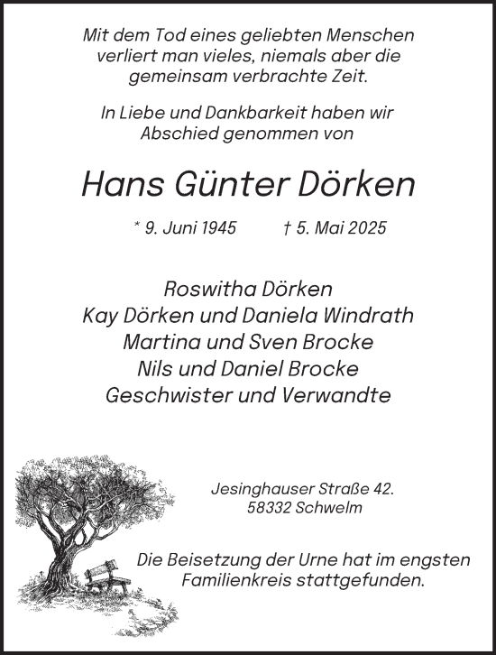 Traueranzeige von Hans Günter Dörken von Tageszeitung