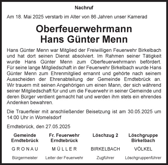 Traueranzeige von Hans Günter Menn von Tageszeitung
