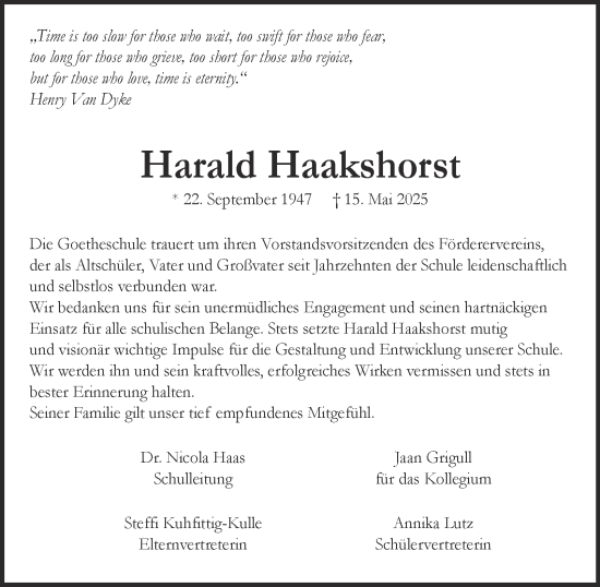 Traueranzeige von Harald Haakshorst von Tageszeitung