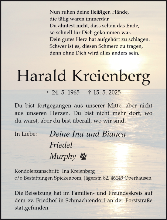Traueranzeige von Harald Kreienberg von Tageszeitung