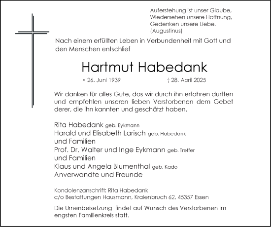 Traueranzeige von Hartmut Habedank von Tageszeitung