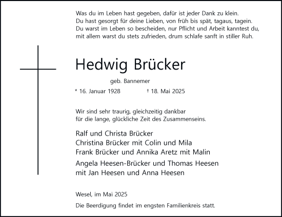 Traueranzeige von Hedwig Brücker von Tageszeitung