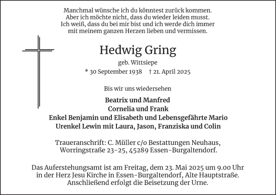 Traueranzeige von Hedwig Gring von Tageszeitung