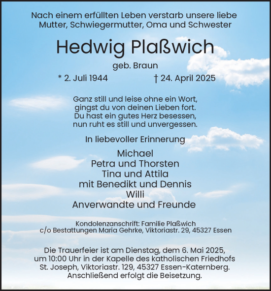 Traueranzeige von Hedwig Plaßwich von Tageszeitung