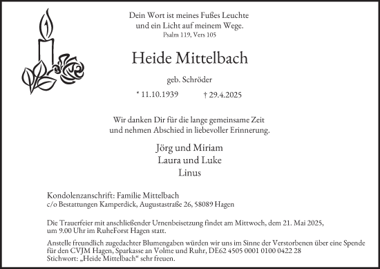 Traueranzeige von Heide Mittelbach von Tageszeitung
