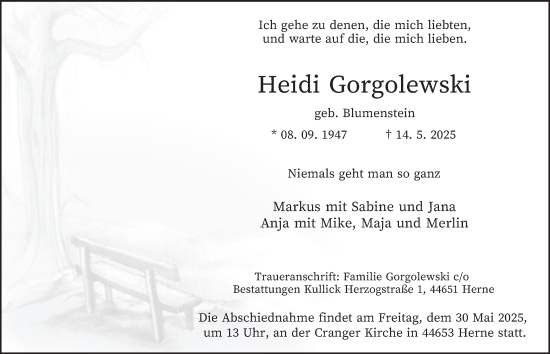 Traueranzeige von Heidi Gorgolewski von Tageszeitung