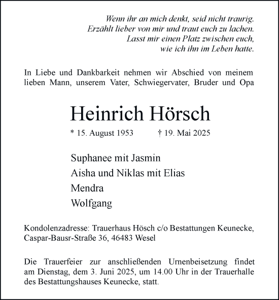 Traueranzeige von Heinrich Hörsch von Tageszeitung