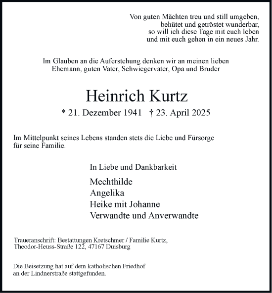 Traueranzeige von Heinrich Kurtz von Tageszeitung