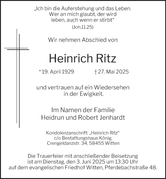 Traueranzeige von Heinrich Ritz von Tageszeitung