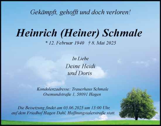 Traueranzeige von Heinrich Schmale von Tageszeitung