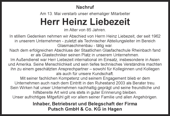 Traueranzeige von Heinz Liebezeit von Tageszeitung