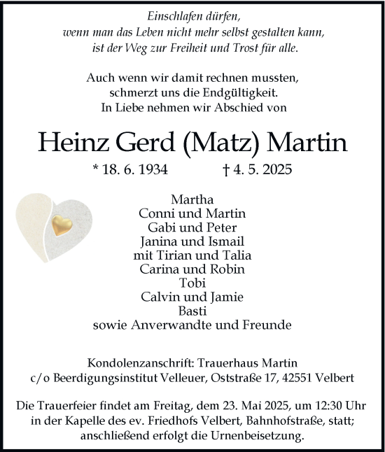 Traueranzeige von Heinz Gerd Martin von Tageszeitung