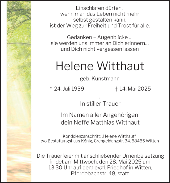 Traueranzeige von Helene Witthaut von Tageszeitung