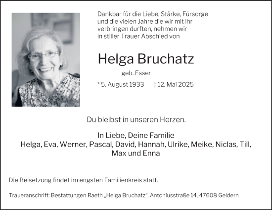 Traueranzeige von Helga Bruchatz von Tageszeitung