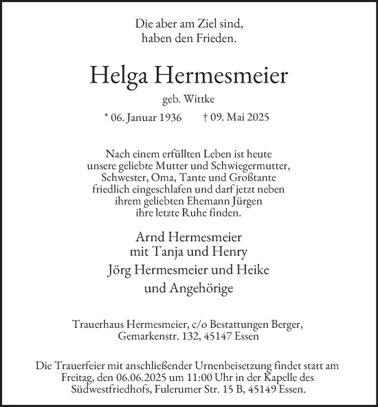 Traueranzeige von Helga Hermesmeier von Tageszeitung