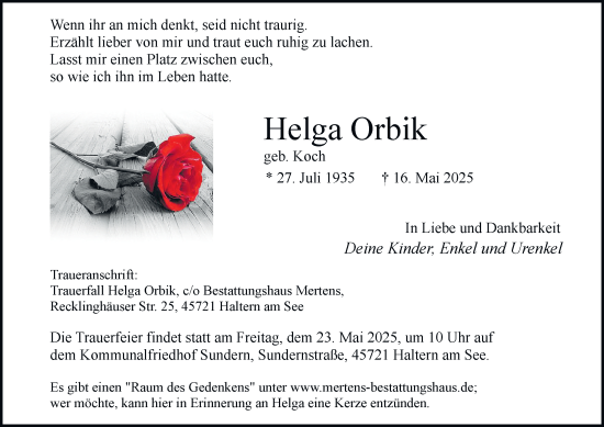 Traueranzeige von Helga Orbik von Tageszeitung