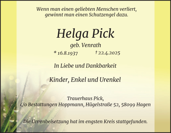 Traueranzeige von Helga Pick von Tageszeitung