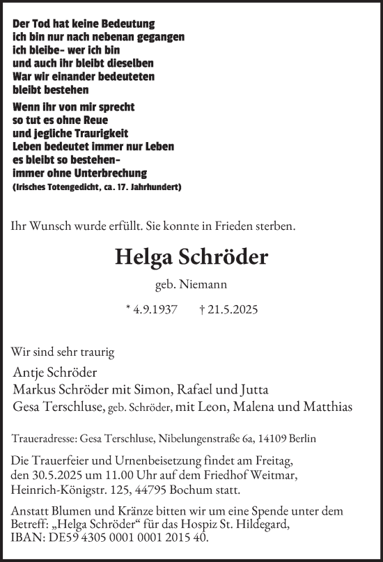 Traueranzeige von Helga Schröder von Tageszeitung