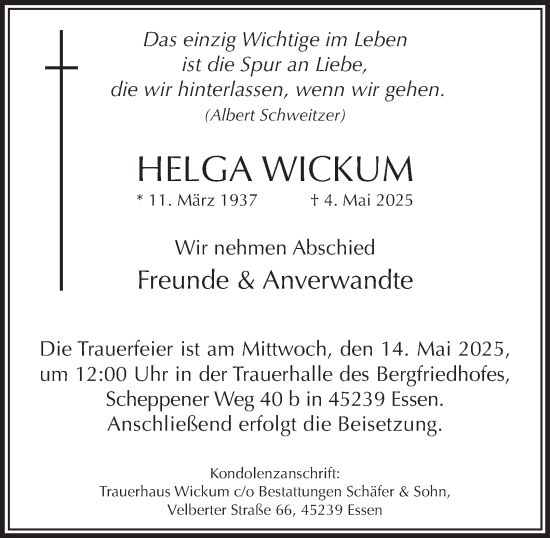 Traueranzeige von Helga Wickum von Tageszeitung