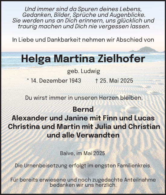 Traueranzeige von Helga Martina Zielhofer von Tageszeitung