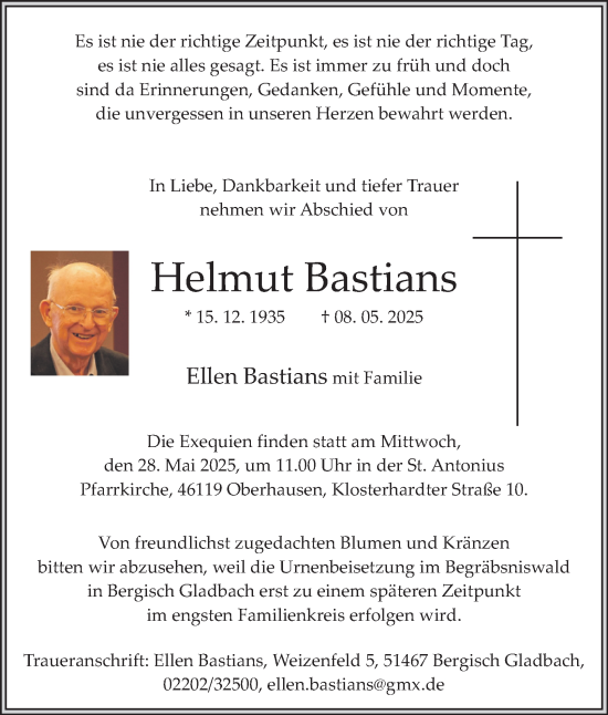 Traueranzeige von Helmut Bastians von Tageszeitung