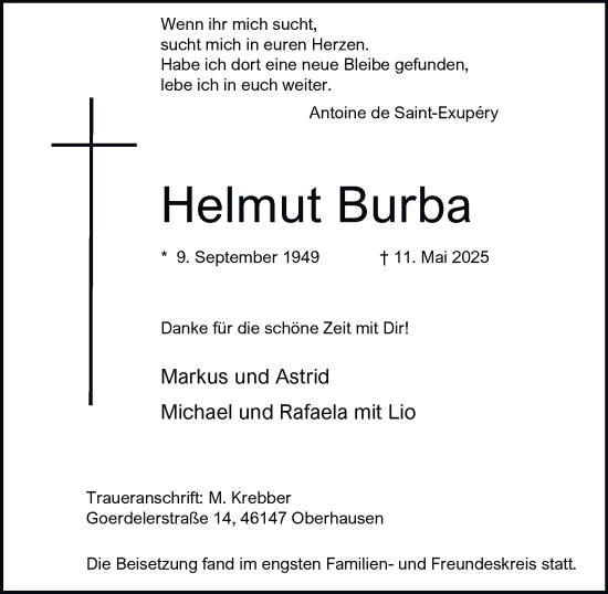 Traueranzeige von Helmut Burba von Tageszeitung