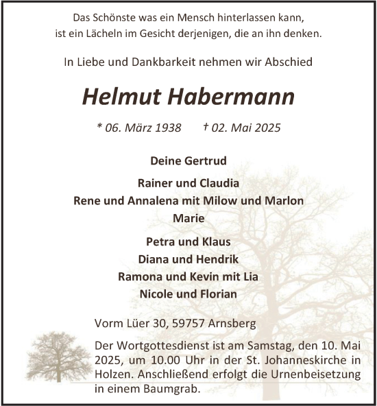 Traueranzeige von Helmut Habermann von Tageszeitung