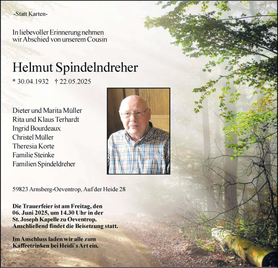 Traueranzeige von Helmut Spindelndreher von Tageszeitung