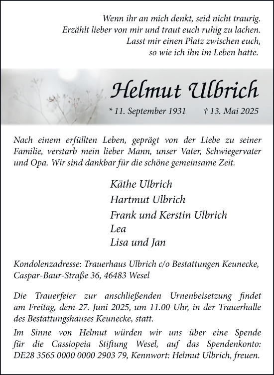 Traueranzeige von Helmut Ulbrich von Tageszeitung