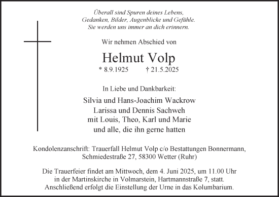 Traueranzeige von Helmut Volp von Tageszeitung