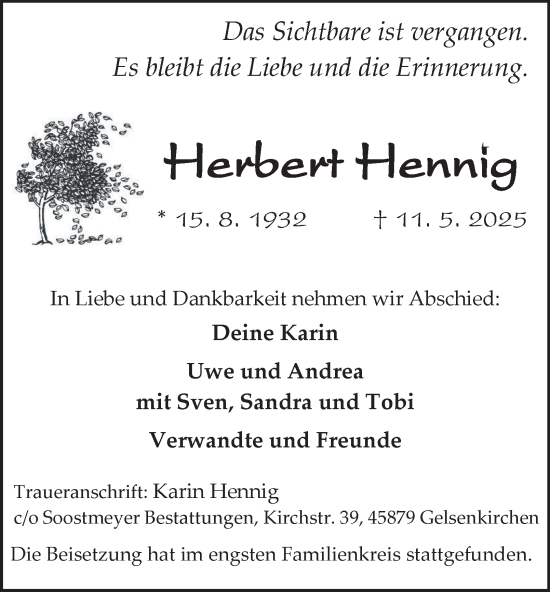 Traueranzeige von Herbert Hennig von Tageszeitung