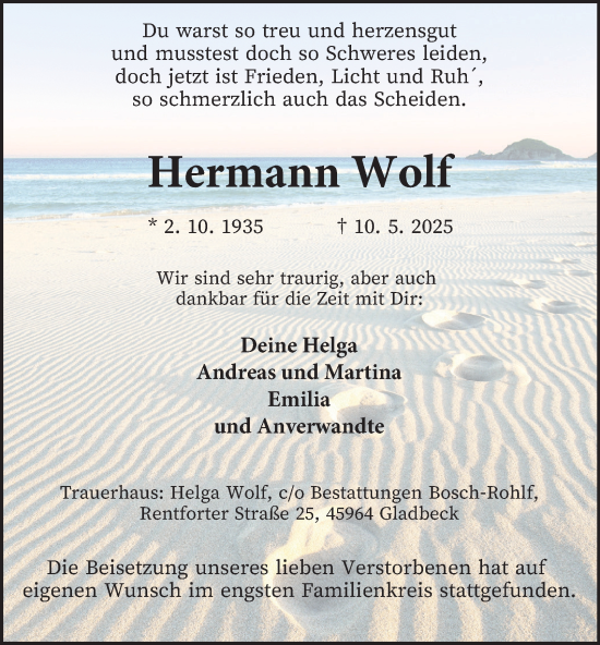 Traueranzeige von Hermann Wolf von Tageszeitung